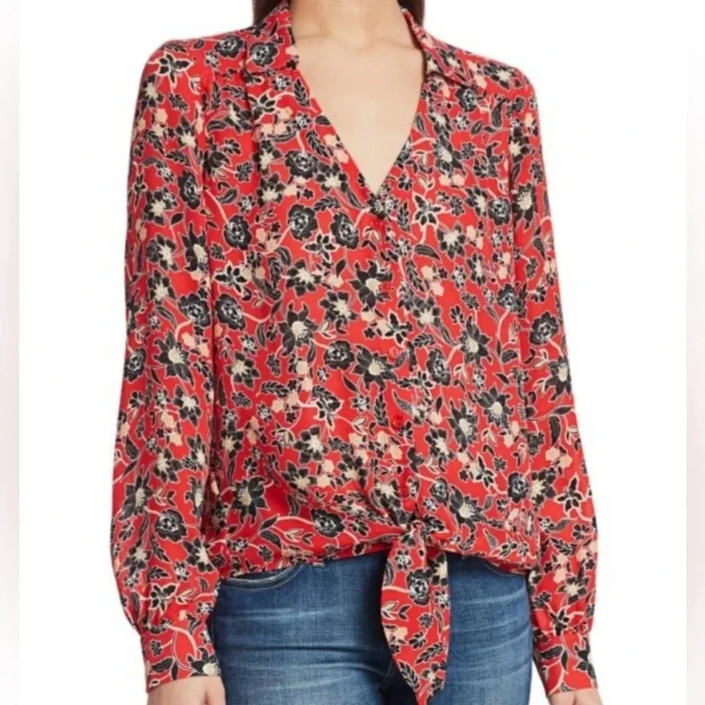 Parker Genevieve Tie-Front Silk Georgette Blouse, Red & Black Floral Print, EUC!